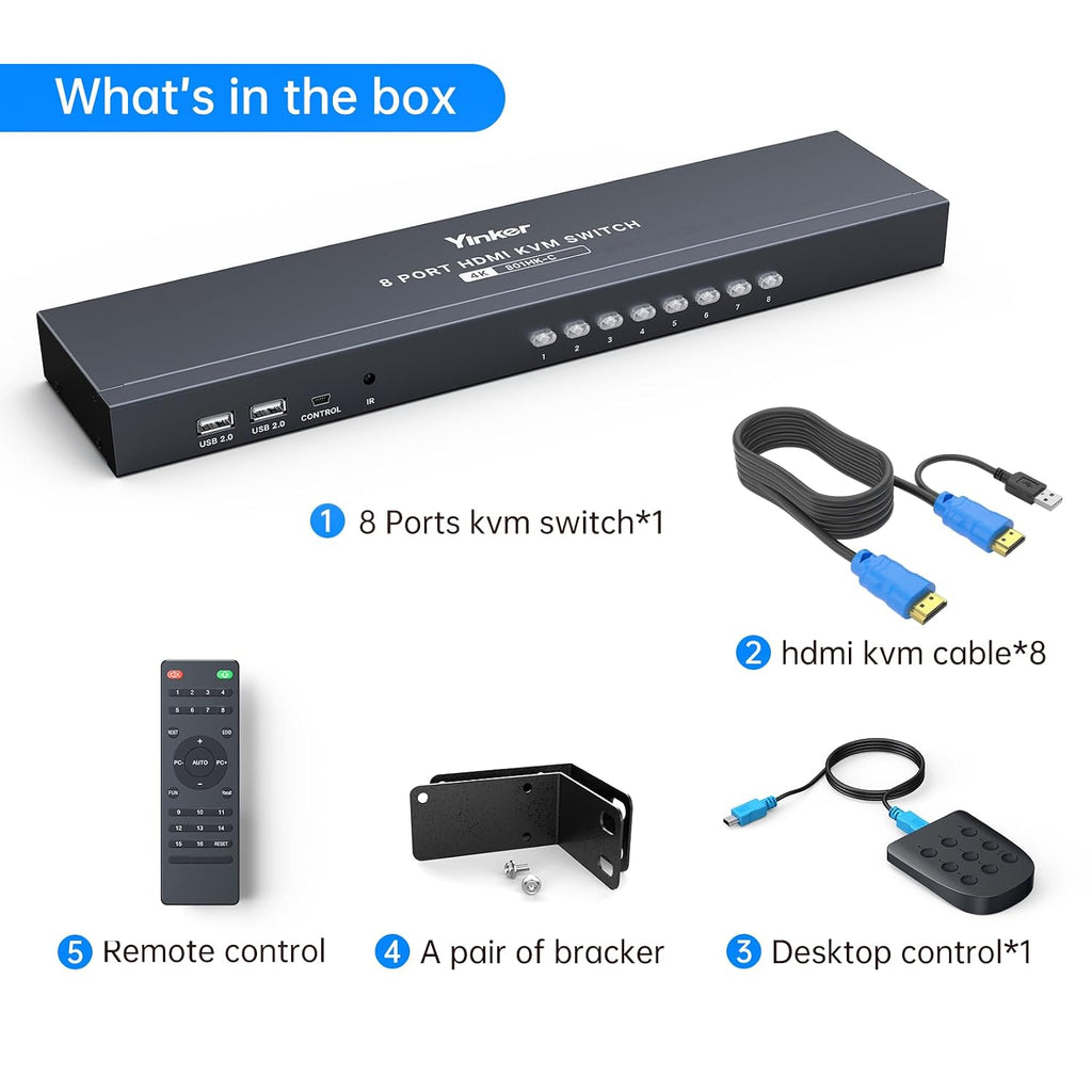 1U Rackmount KVM Console HDMI 8 Port + Cables, 4K@30Hz USB HDMI KVM Switch 8x1 + 4 USB Hubs + Wired Desktop Selector + Remote + Rack Mount Ears