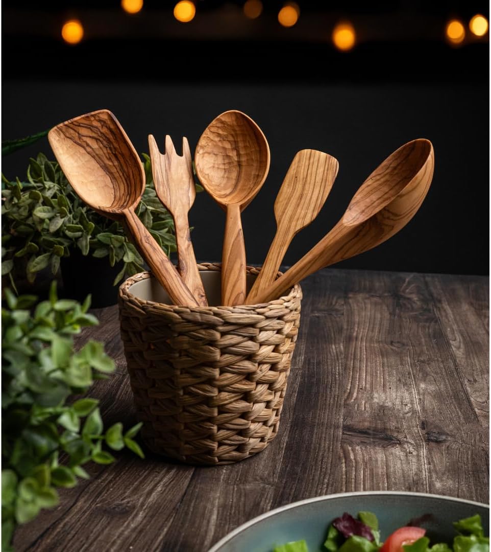 LESVOS WOODCRAFT - Premium Deep Bowl Olive Wood Cooking Utensil Set - 5-Piece Artisan Cooking and Serving Utensil Bundle, Olive Wood Utensils, Fair-Trade, Handcrafted, Includes 2 Greek Recipes