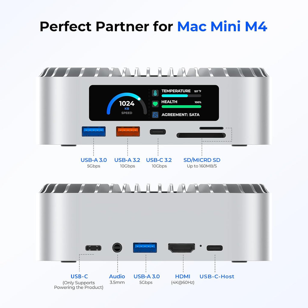 RayCue All-in-One Dock for Mac mini M4 with Smart Displays, NVMe/SATA SSD Enclosure, 4K60Hz HDMI, 10G USB-A/C, 5G USB-A*2, USB-C Charging, SD/TF, Audio – Mac mini M4 HUB &Docking Station(2024)