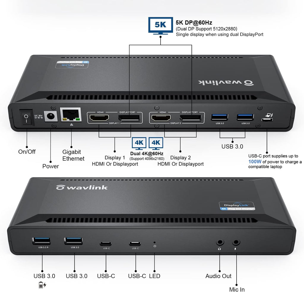 WAVLINK DisplayLink Laptop Docking Station Dual 4K@60Hz(2 HDMI+2DP), 100W PD Charging Compatible with Thunderbolt 5/4, USB-C M1-M5 Mac/MacBook Neo, Windows, Chrome, 6 USB Ports, LAN - Driver Required