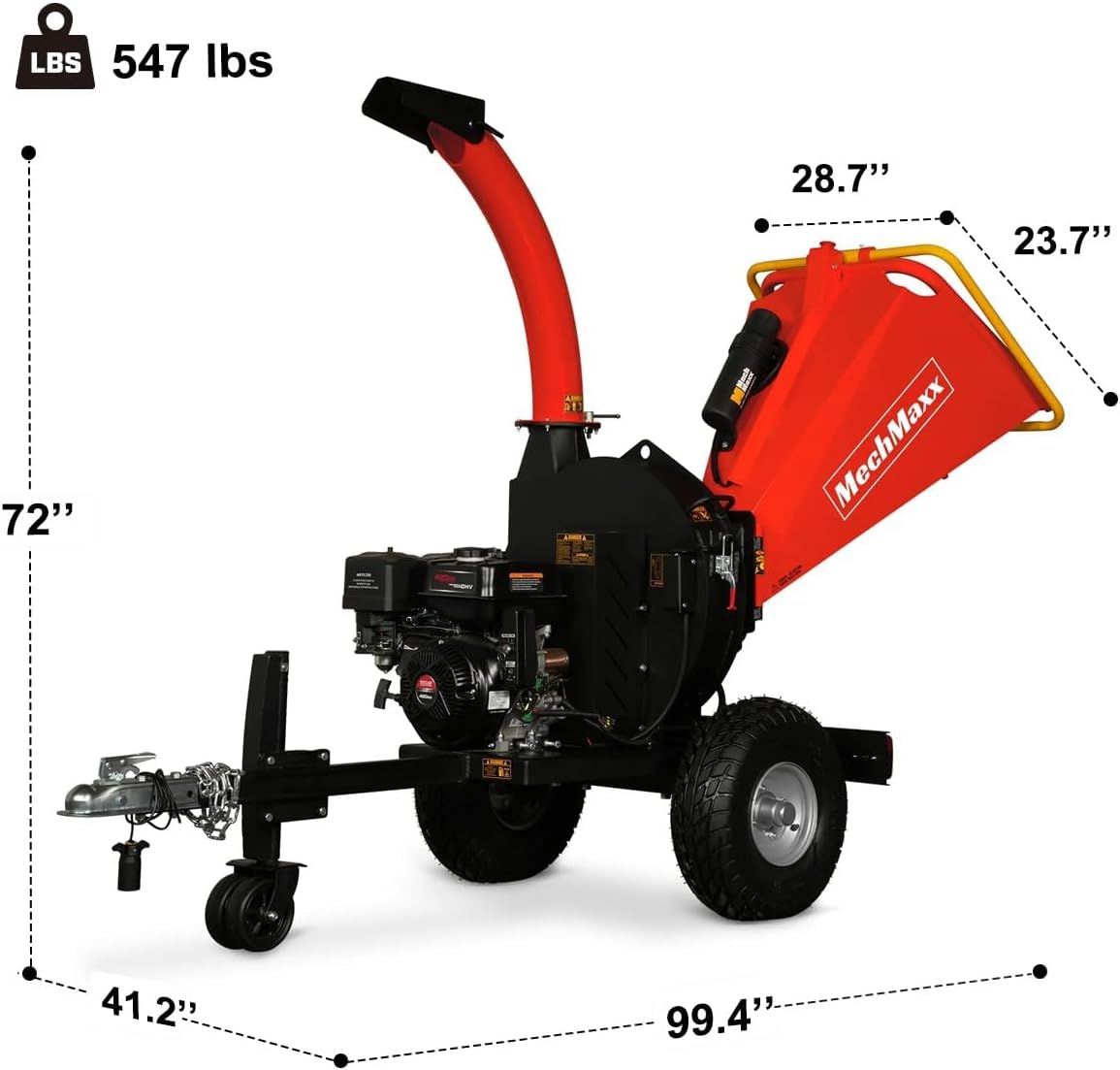 MechMaxx 5'' Inch E-Start 420cc 15hp Gas Powered Wood Chipper Shredder Mulcher with Tail Light, Towbar, Emergency Stop Button, Stop Bar, Model P4205 Red