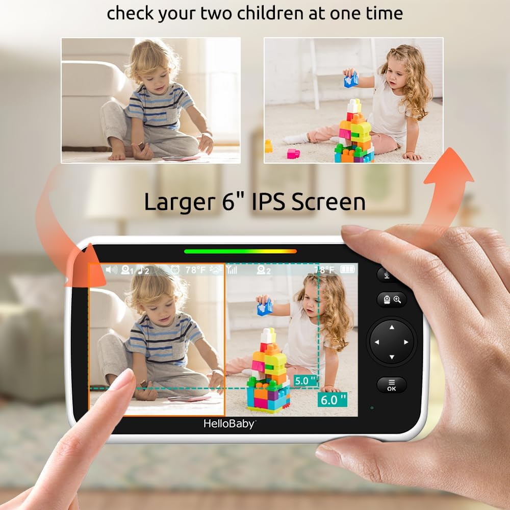 HelloBaby Baby Monitor 2 Cameras with a Floor Stand for Twins, 6'' IPS Split-Screen, 30H Battery No WiFi, 2-Way Audio Night Vision Pan-Tilt-Zoom, VOX 8 Lullabies 1000ft Range