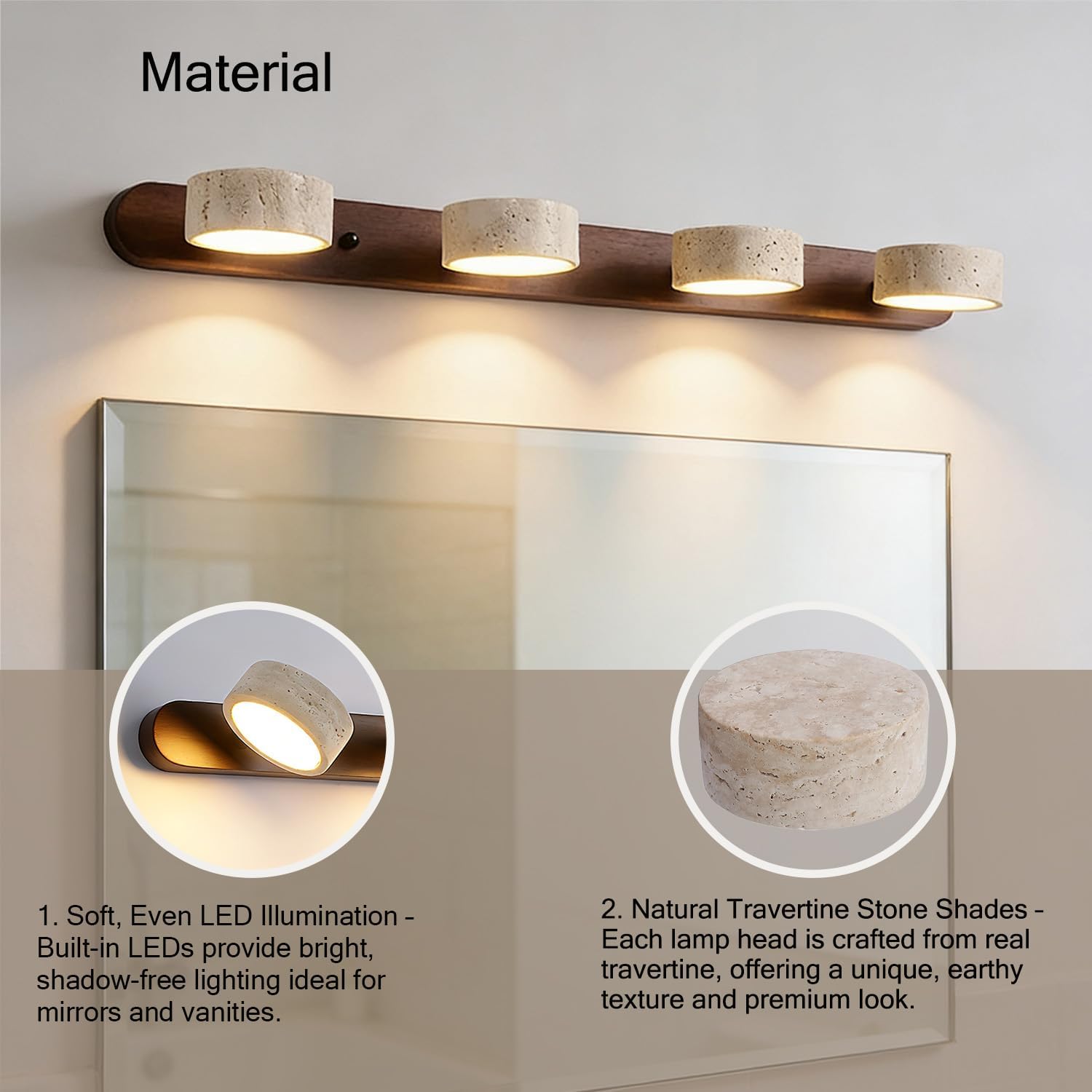 LED Bathroom Vanity Light, Travertine Stone Light Fixture, 360° Rotatable Stone Lampshades, Modern Rustic Wall Lamp for Bedroom, Living Room, Hallway (Walnut Wood-4 Lights)