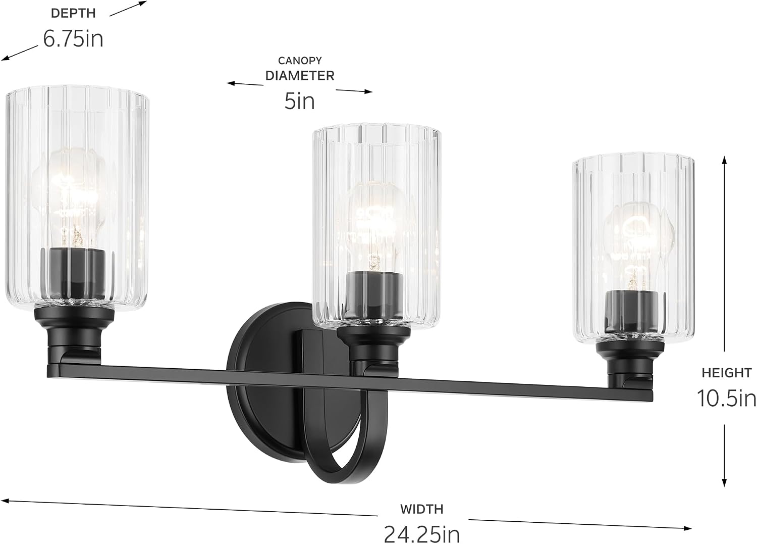 Kichler Gioe 24.25' 3-Light Bathroom Vanity Light Fixture with Clear Fluted Glass in Black, Modern Wall Mount Over Mirror for Powder Room, Damp Rated (24.25' W x 10.5' H), 55226BKFLU