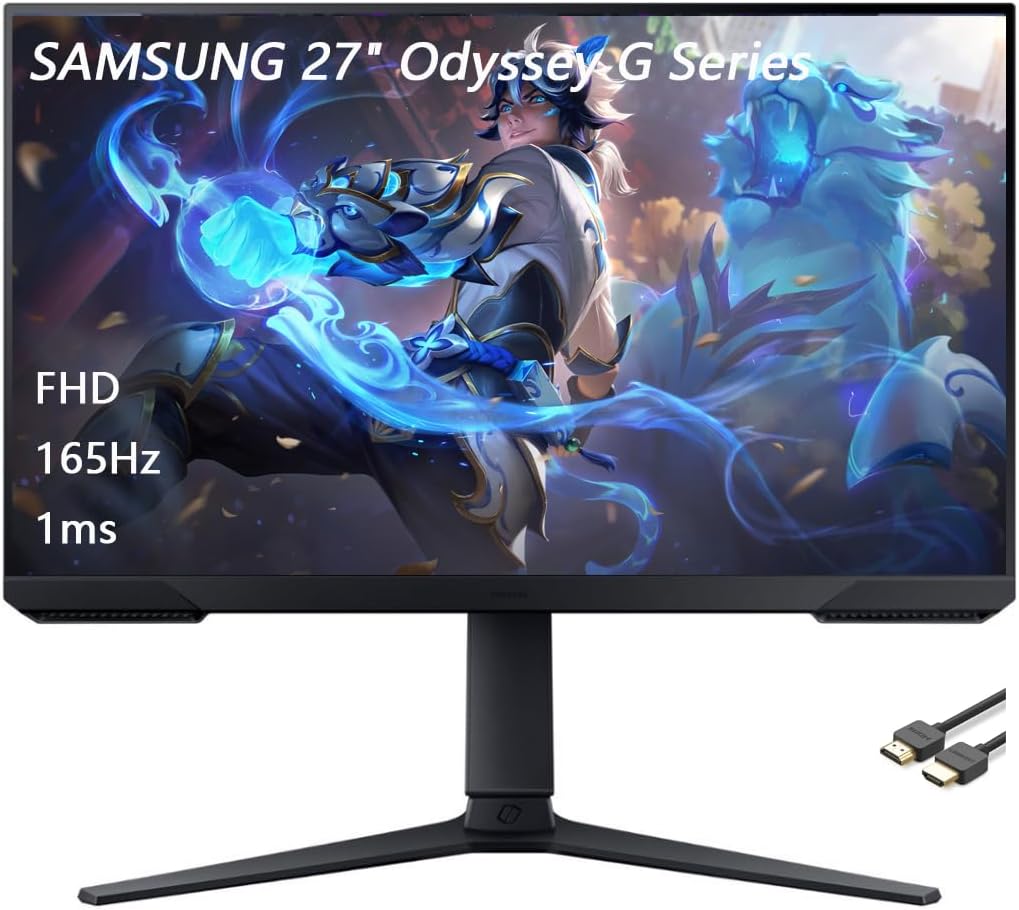 Samsung 27' Odyssey G Series LED Gaming Monitor, FHD, 165Hz, 1ms, Eye Saver, Free-Sync Premium, Height Adjustable, VESA Mount Capability, DisplayPort, HDMI, Black, with GSF HDMI Cable