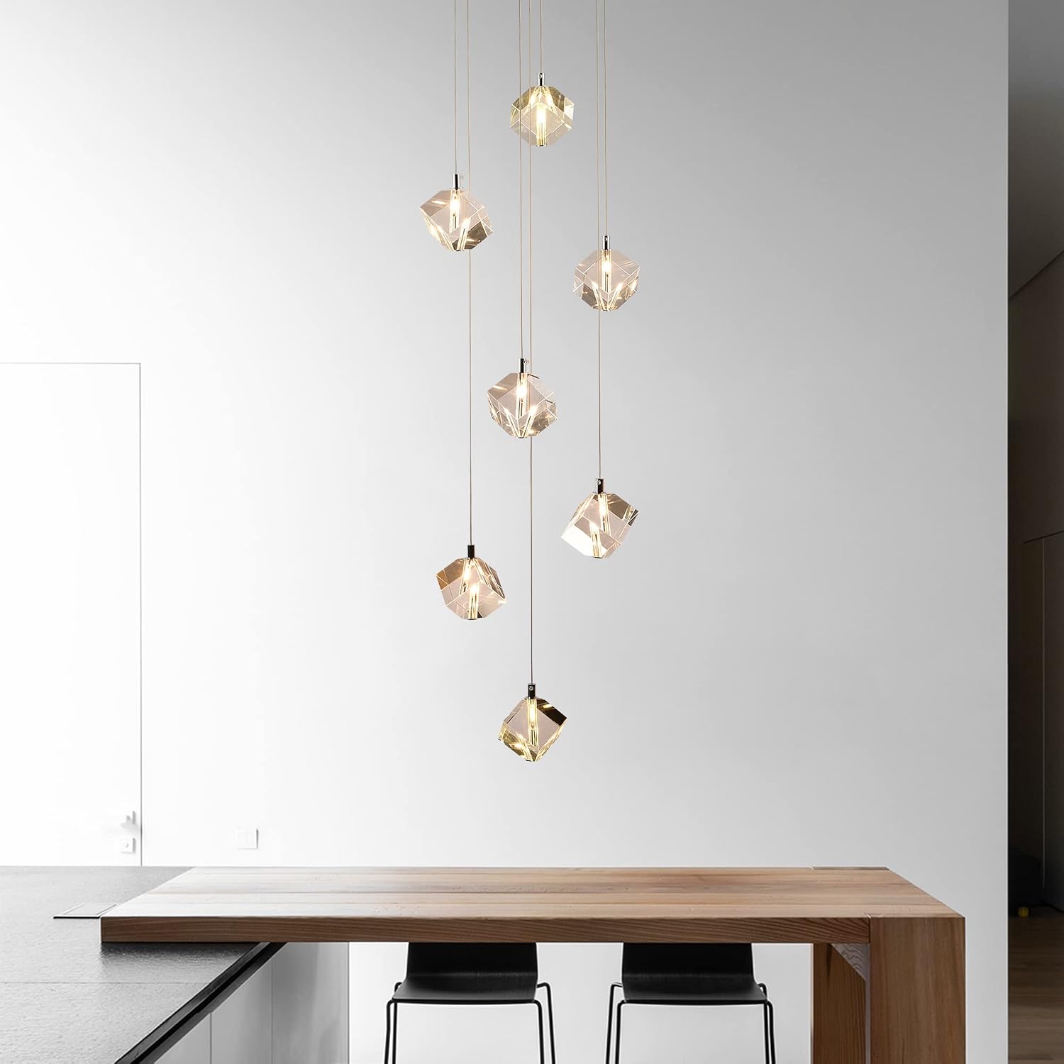Cube Crystal Pendant Light, Cut Crystal Drops Hanging Ceiling Chandelier, Modern Raindrop Pendants Chrome Light Fixture for Kitchen Island Dining Room, 21W