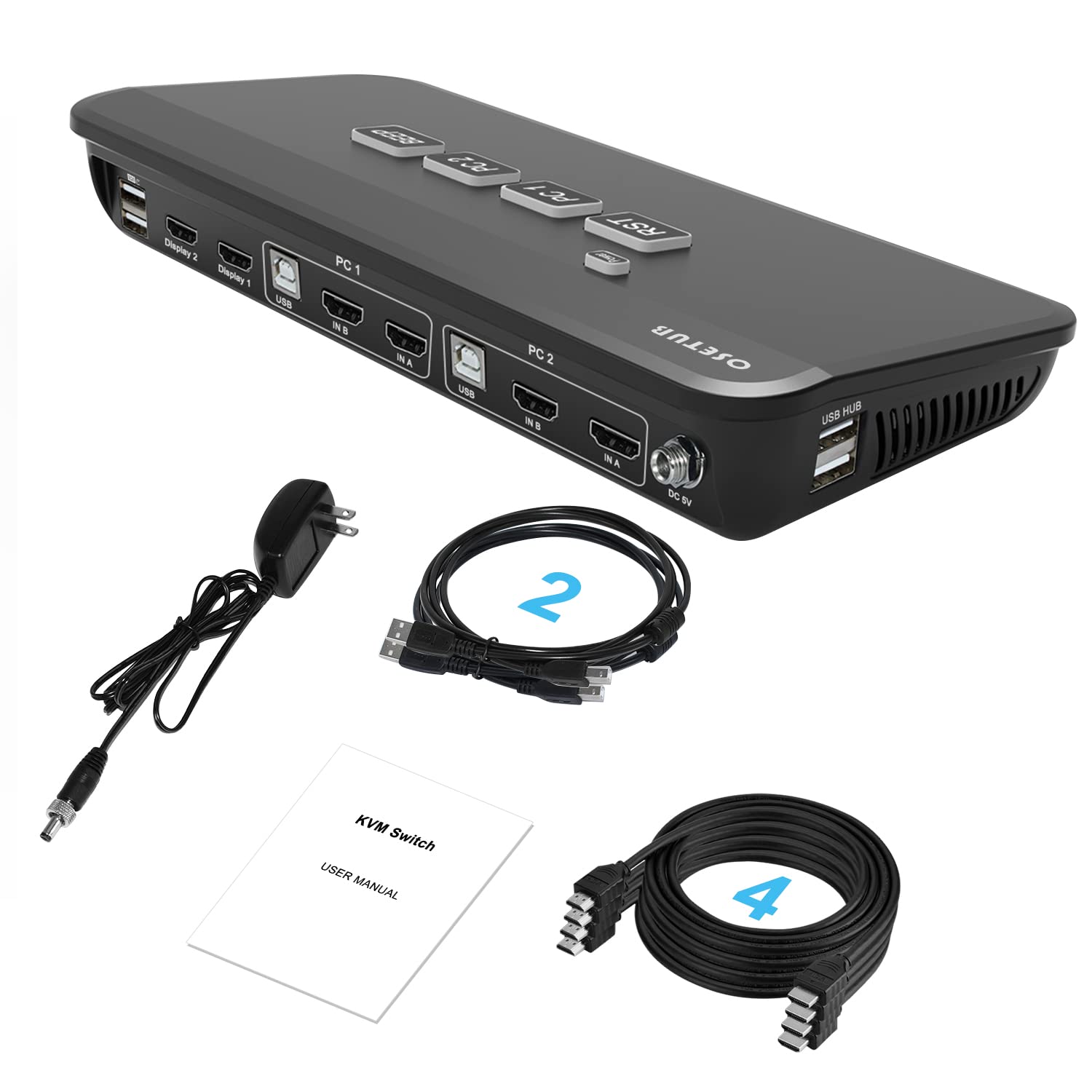 HDMI KVM Switch Dual Monitor, 2 Port KVM Switch Dual Monitor Keyboard Video Mouse Peripherals Switcher with 2 USB 2.0 Hub for 2 Monitors 2 Computers