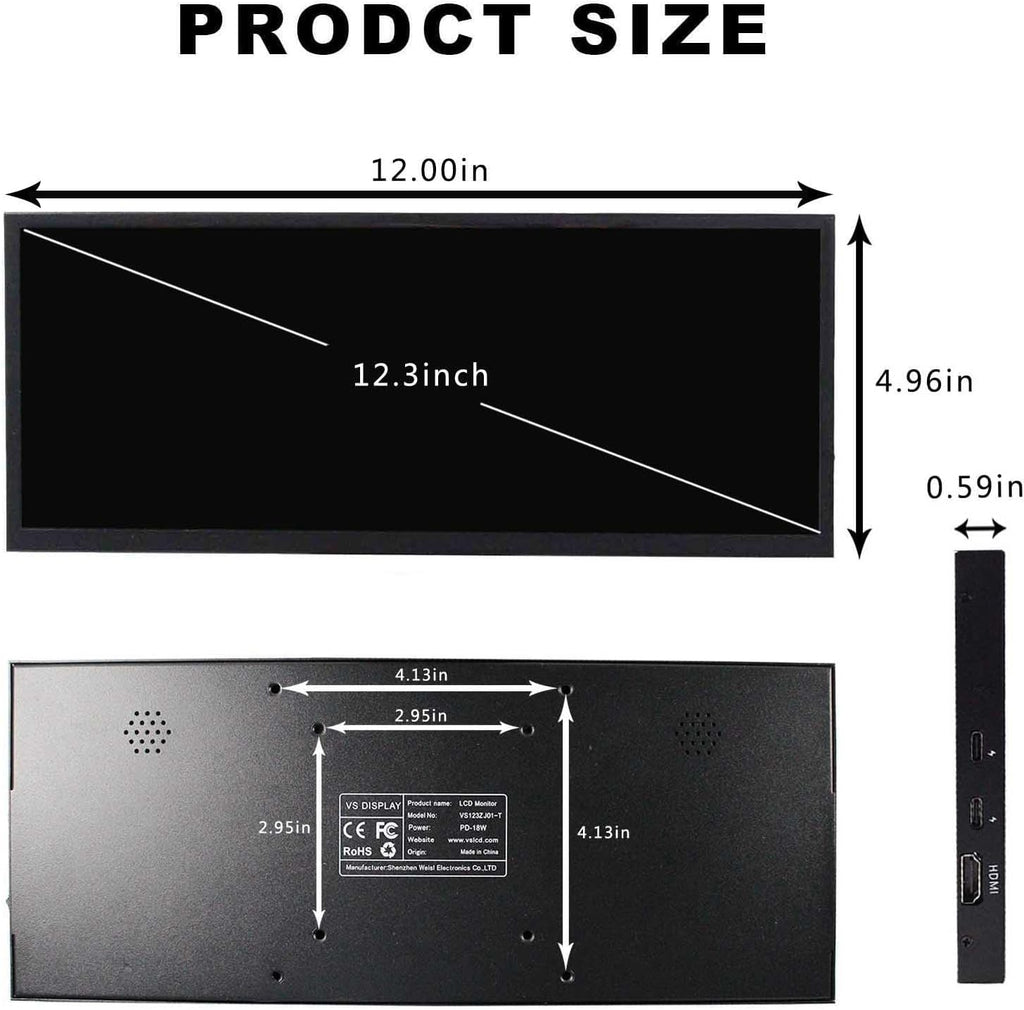 VSDISPLAY 12.3 Inch Touchscreen Monitor 1920x720 IPS Stretched Bar LCD with Dual Speakers for PC Computer Laptop Secondary Display Monitoring