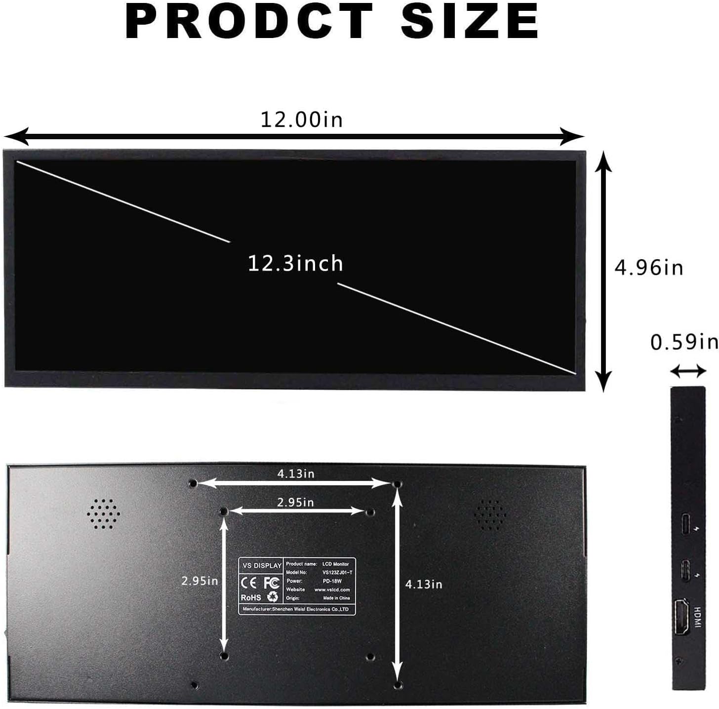 VSDISPLAY 12.3 Inch Touchscreen Monitor 1920x720 IPS Stretched Bar LCD with Dual Speakers for PC Computer Laptop Secondary Display Monitoring