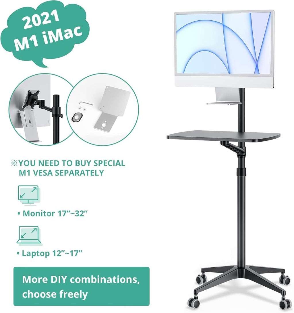 Viozon Mobile Desk,Mobile Workstation,Mulitiuse Rolling Laptop Floor Stand,34'-48.6' Height Adjustable,Compatible with 17'-27' Monitor&12'-17' Laptop,21'×14' Desk,Maxload 17.6lbs,4 Lockable Wheels B