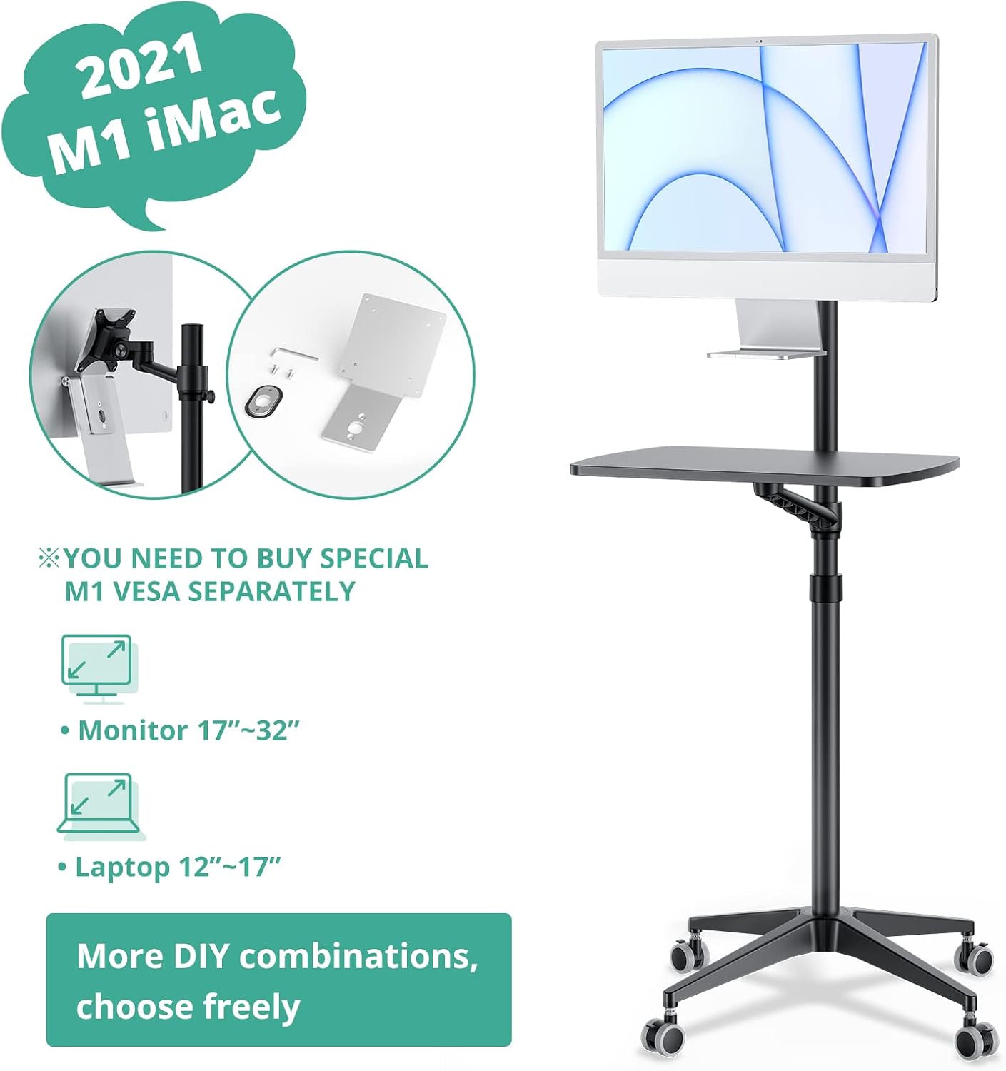 Viozon Mobile Desk,Mobile Workstation,Mulitiuse Rolling Laptop Floor Stand,34'-48.6' Height Adjustable,Compatible with 17'-27' Monitor&12'-17' Laptop,21'×14' Desk,Maxload 17.6lbs,4 Lockable Wheels B