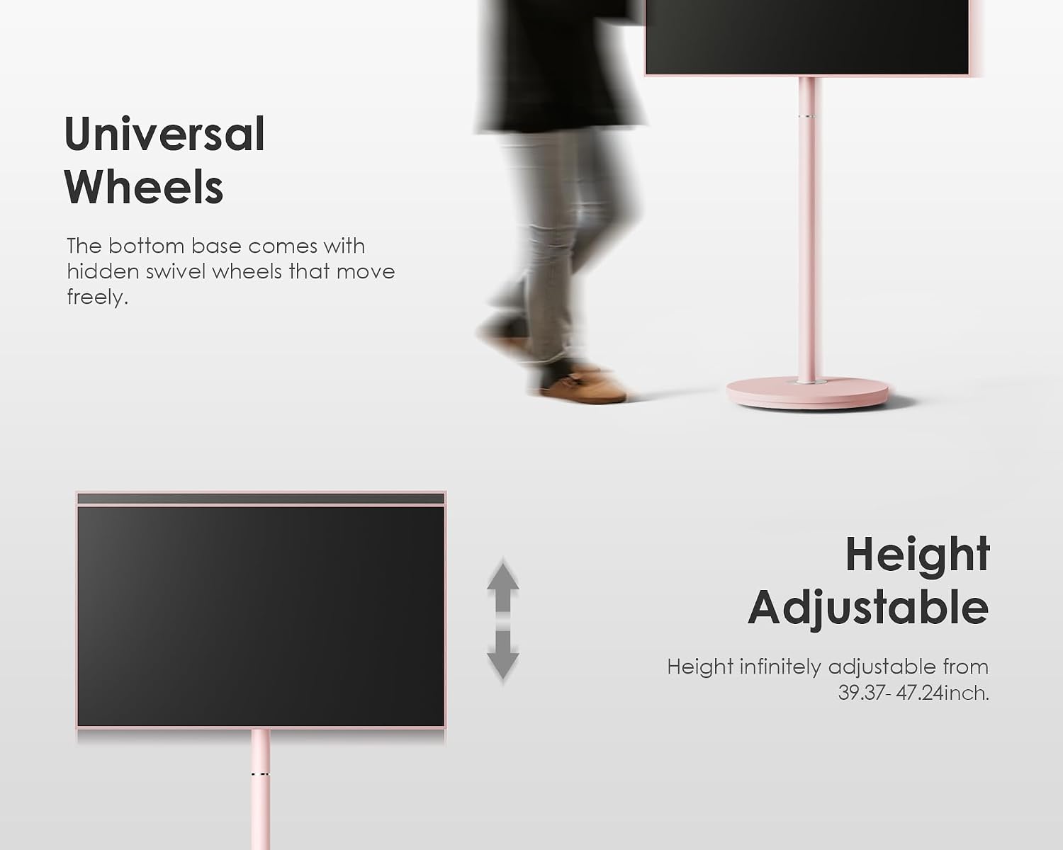 FITUEYES Design Small Rolling TV Cart for 24-48 Inches Television, Minimalist Modern TV Floor Stand on Wheels Fits Max VESA 200x200mm, V2 Portable Smart Television Stands, Pink, Master Series