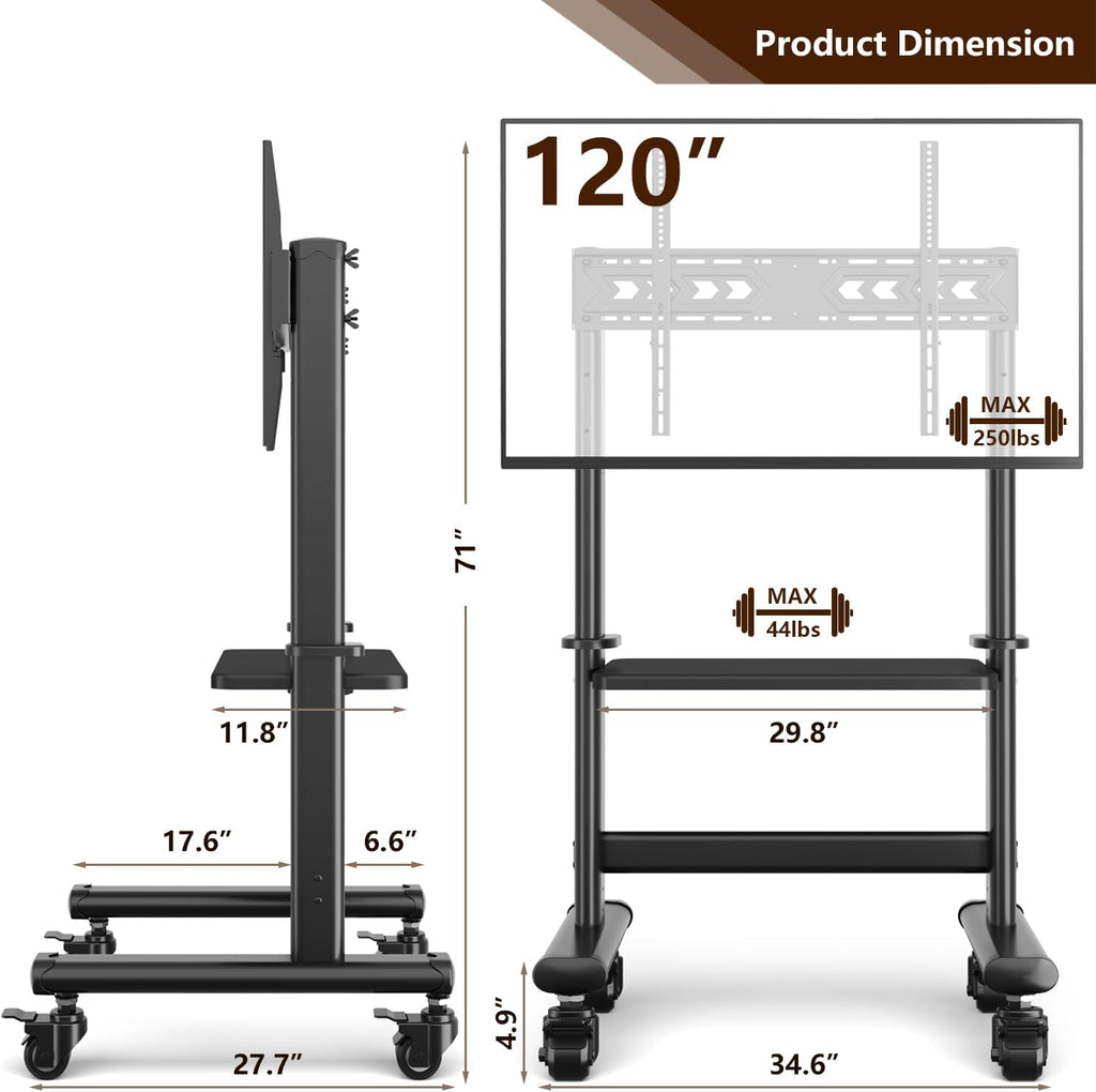 Mobile TV Cart Rolling TV Stand with Wheels for 55-120 Inch LCD LED Flat Curved Screens up to 250 lbs, Max VESA800x600 mm Heavy Duty Portable Floor TV Stand Large Base Trolley Height Adjustable