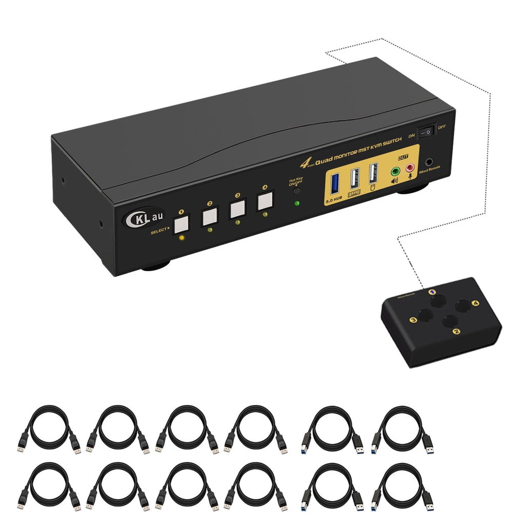 MST KVM Switch 4 Monitor 4 Computers (2 Displayport in, 2 Displayport + 2 HDMI Out) 4K60Hz 2K@144Hz with Cables, Audio, Microphone and USB 3.0 Hub, Supports Hot Key Switching