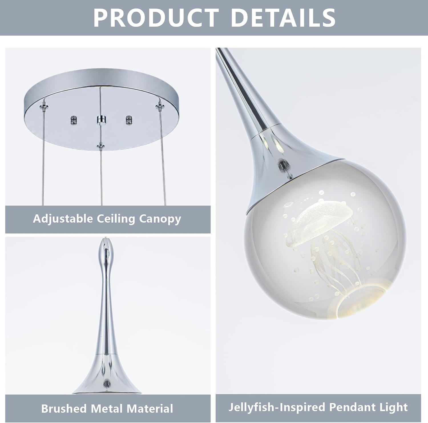 CHYING 3-Lights Pendant Lights Kitchen Island, Modern LED Dimmable Globe Crystal Jellyfish Teardrop Ceiling Pendant Lighting for Dining Room Hallway Entryway Bedroom, Chrome Cool White
