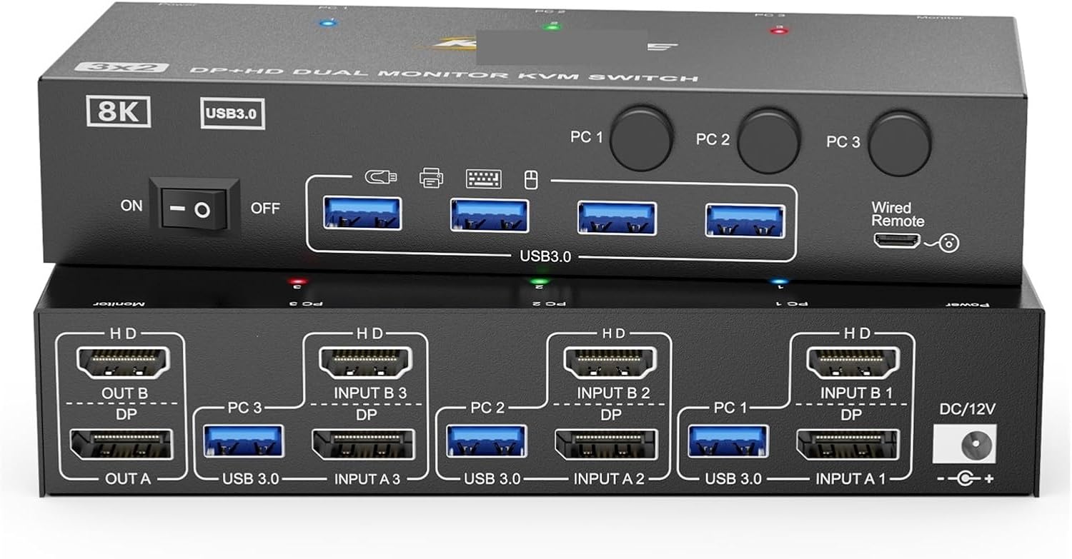 K@144Hz KVM Switch 2 Monitors 3 Computers 8K@60Hz,HDMI +Displayport Dual Monitor KVM Switch with 4 USB 3.0 Port(AU Power Adapter)