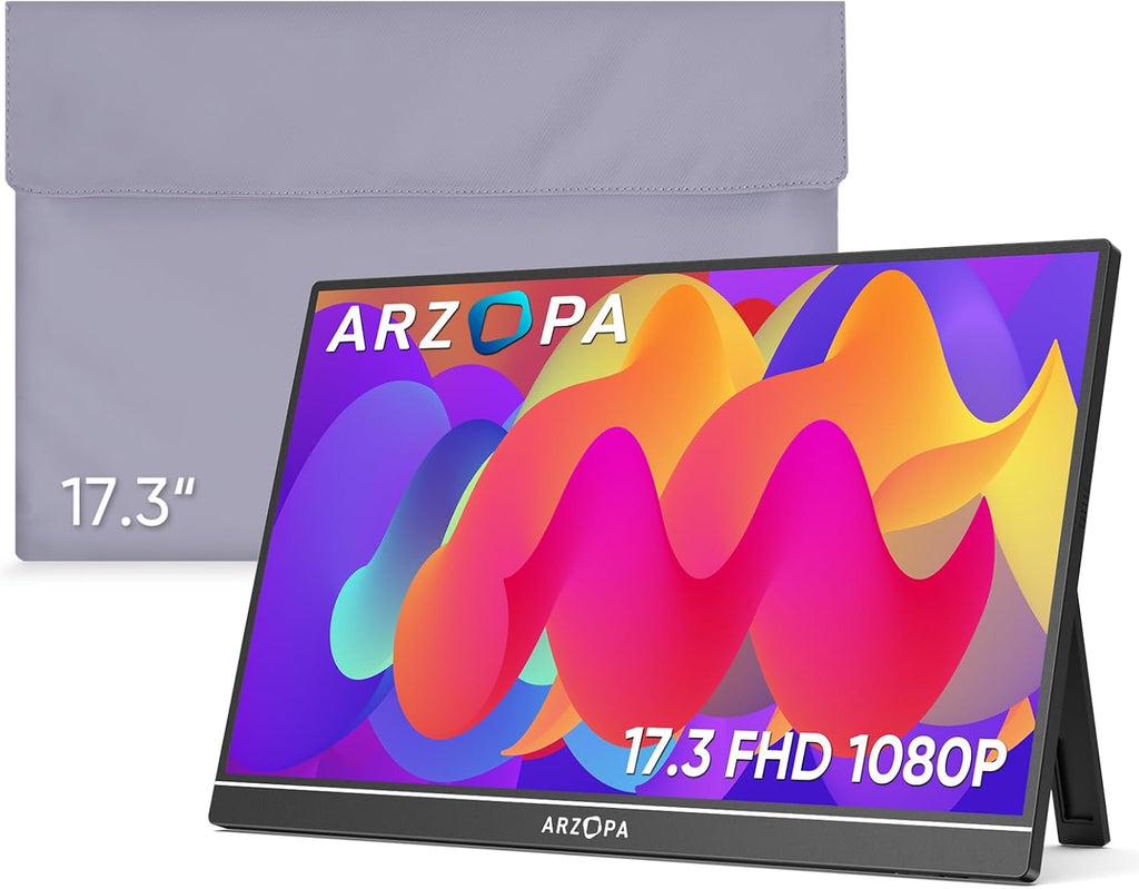 ARZOPA Portable Monitor & Sleeve, 17.3'' 1080P FHD Laptop Monitor &PU Sleeve Bag Combination