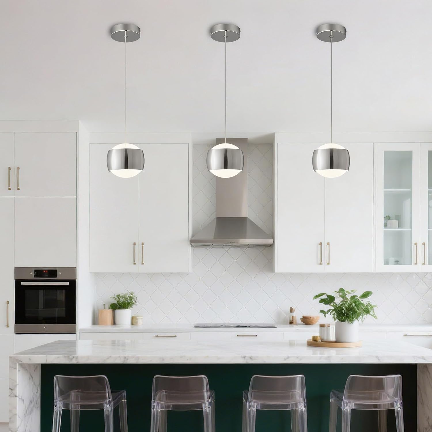 Modern Chrome LED Dimmable Pendant Light fixtures,6″ Island Pendant Lighting for Kitchen Island Dinning Room,Bedroom,Bar, Kitchen Island Ceiling Hanging Light Fixtures(Chrome-1-Pack)
