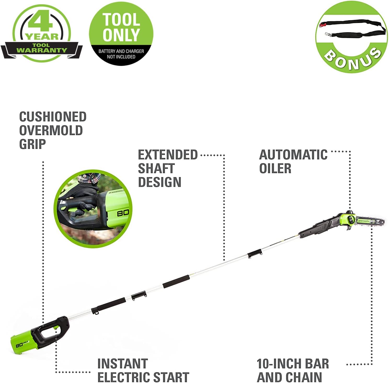 Greenworks 80V 10' Cordless Polesaw (Great For Pruning and Trimming Branches / 75+ Compatible Tools), Tool Only