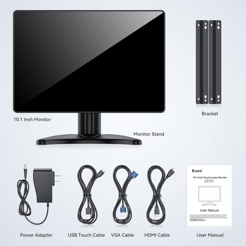 Eyoyo 10.1-inch Small Touchscreen Monitor: 1280x800 IPS Display, 10-Point Touch, HDMI VGA AV Input, Built-in Speakers, Metal Case, VESA 75x75, Touch Screen Monitor for Raspbery Pi, PC, CCTV, POS