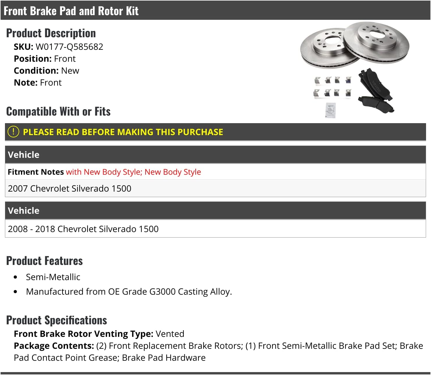 Front Semi Metallic Brake Pads and Rotor Kit - Vented Rotors - Compatible with 2007-2018 Chevy Silverado 1500 (2007 Models with New Body Style)