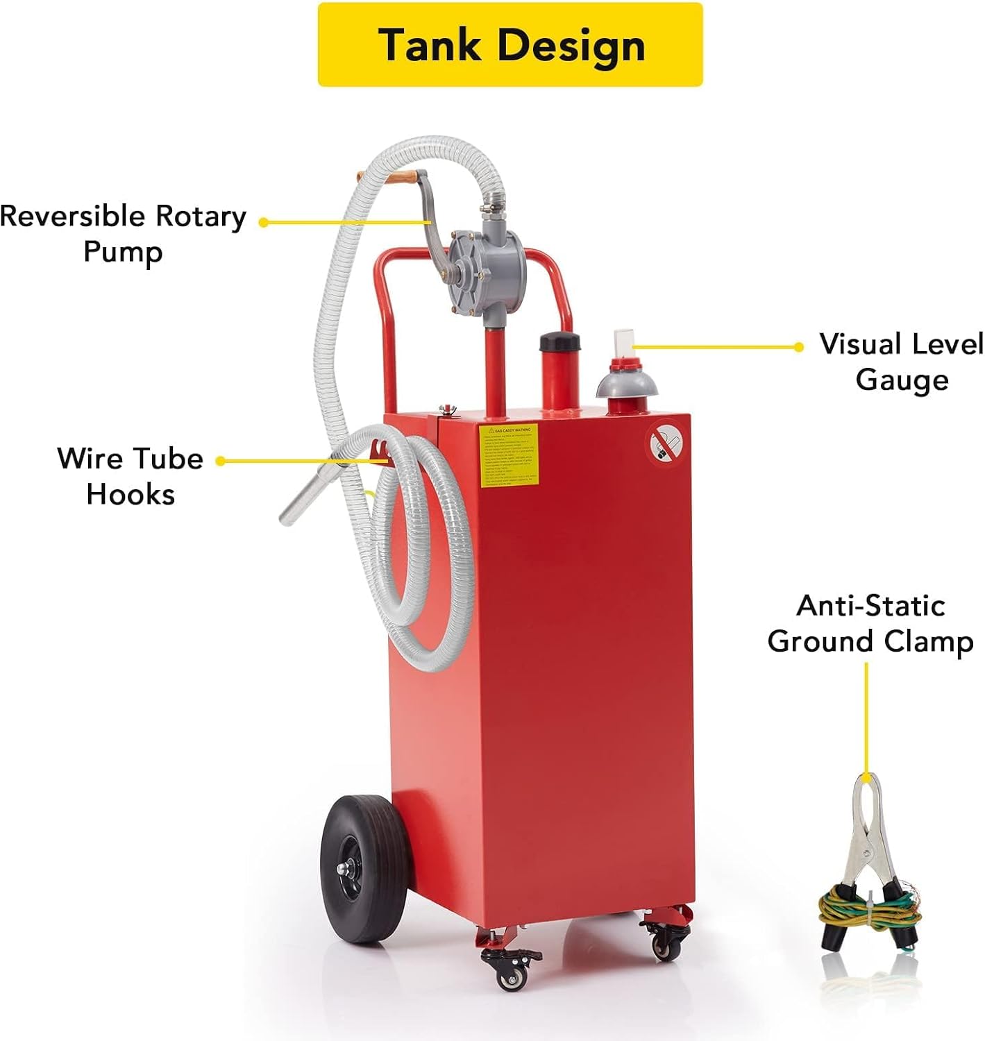 50 Gallon Fuel Caddy, Portable Gas Tank with Reversible Rotary Manual Siphon Pump, Fuel Transfer Storage Tank with 4 Solid Rubber Rollers, Gasoline Diesel Can for Car, Boat, Lawn Mower, ATV, Red