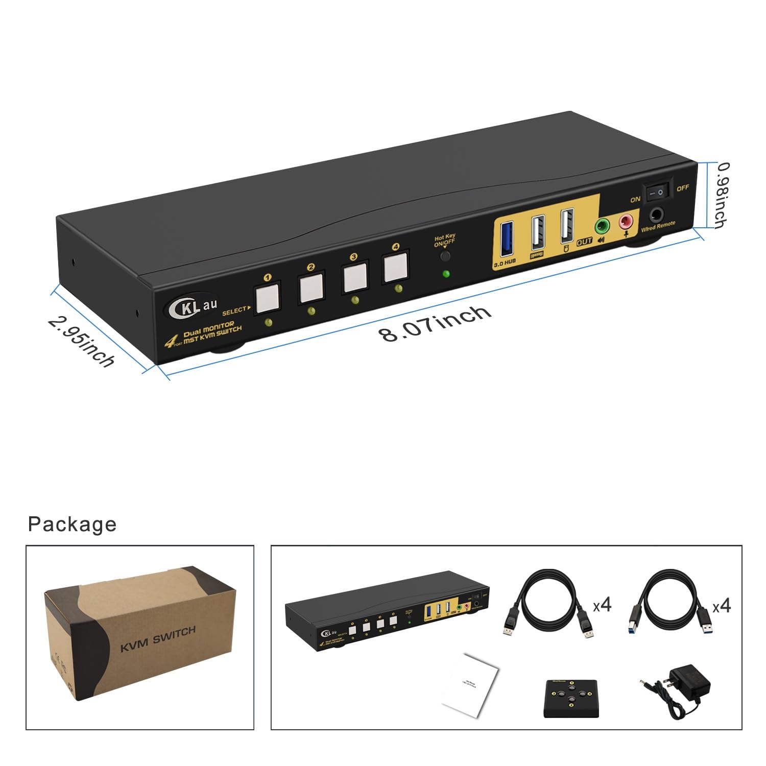 4K60Hz 2K@144Hz MST KVM Switch 2 Monitors 4 Compuers (1 DP in, DP + HDMI Out) with Cables, Audio, Microphone, USB 3.0 Hub Supports Keyboard Mouse Switching Suit for Laptops, PCs