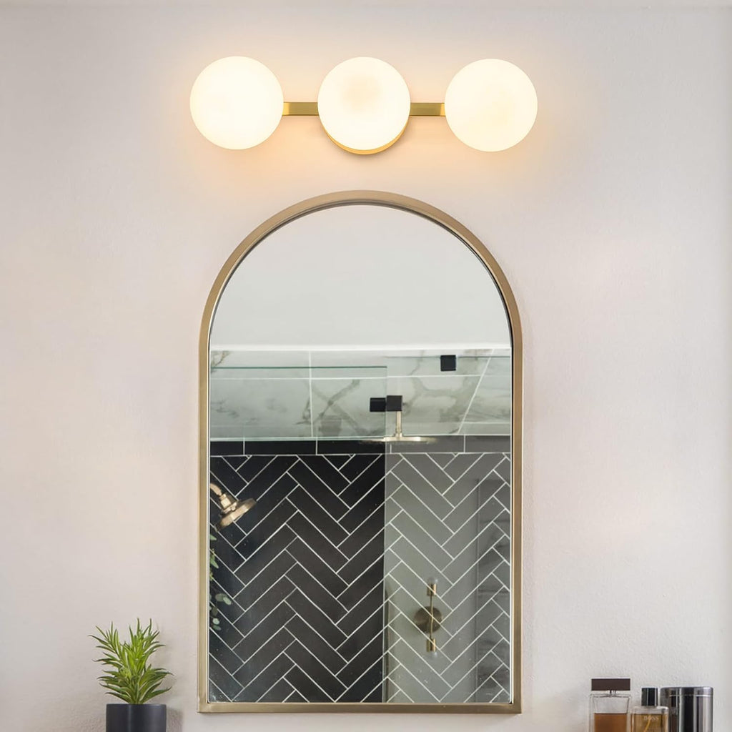 Bathroom Vanity Mirror Light Fixtures: 3 Lights Bath Wall Sconce Lighting - Brass Gold Vanity Lights with Milk Glass Shade - Modern Minimalist Makeup Light Fixture Above Mirror for Hallway E26 Base