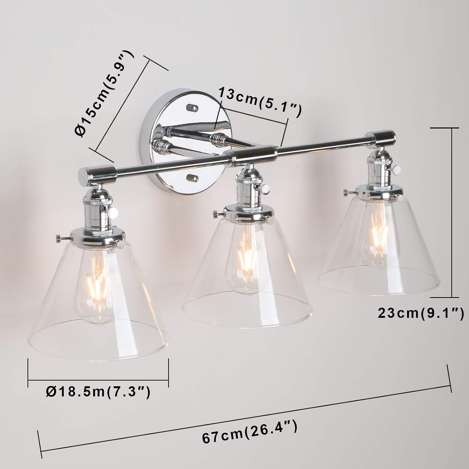 Permo Vintage Industrial Antique Three-Light Wall Sconces with Funnel Flared Clear Glass Shade (Chrome)