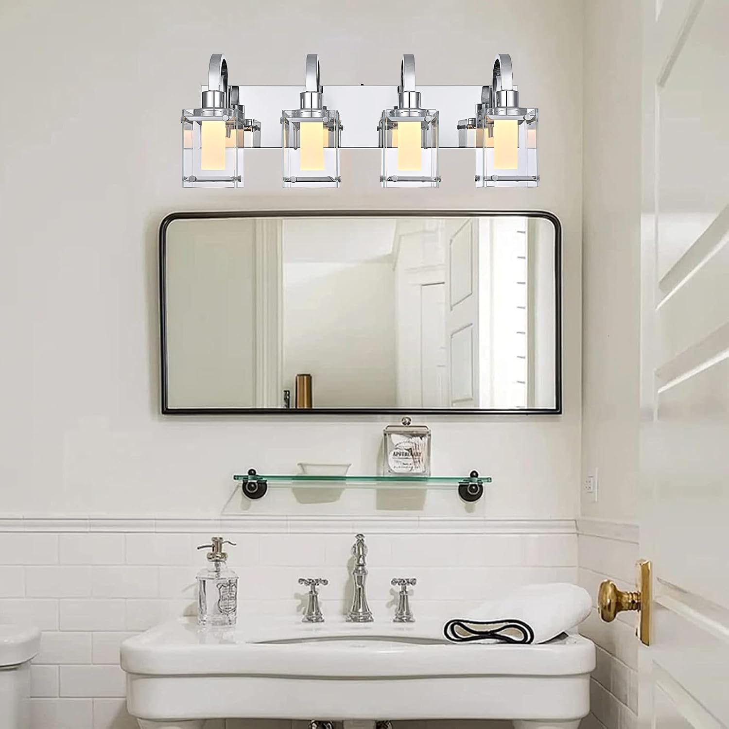4-Light Chrome Vanity Light Fixtures, Modern LED Bathroom Wall Lights for Dressing Room, Integrated LED Chips with Frosted Column & Clear Square Glass Shades, Energy Saving Wall Sconce
