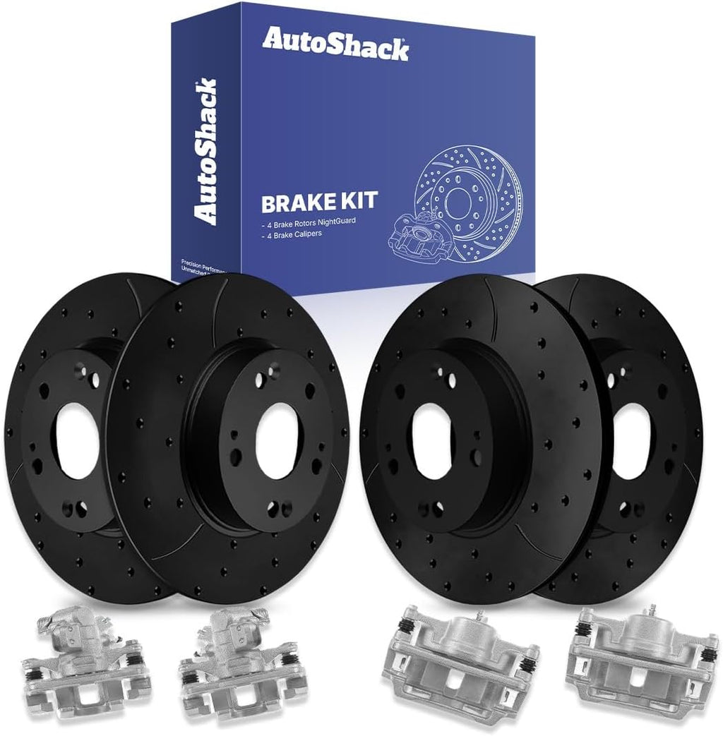 AutoShack Front & Rear Brake Rotors & Calipers for Honda, Civic 2006-2011, FWD L4 1.8L - E-Coated Drilled & Slotted - Black Finish - NightGuard