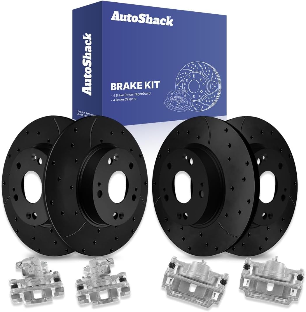 AutoShack Front & Rear Brake Rotors & Calipers for Honda, Civic 2006-2011, FWD L4 1.8L - E-Coated Drilled & Slotted - Black Finish - NightGuard