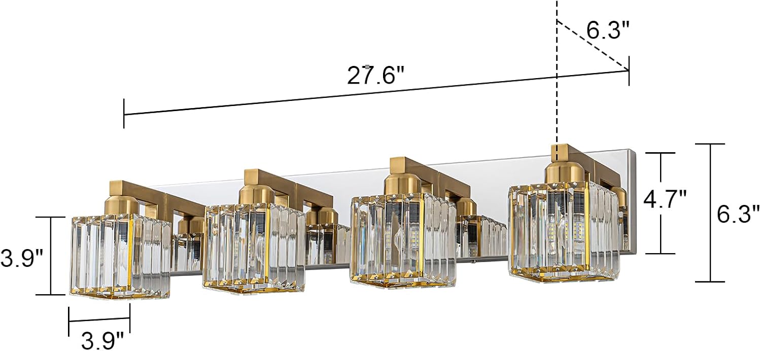 Crystal Bathroom Vanity Light Gold Chrome 4-Light Modern Chrome Vanity Light for Bathroom Square Wall Sconce