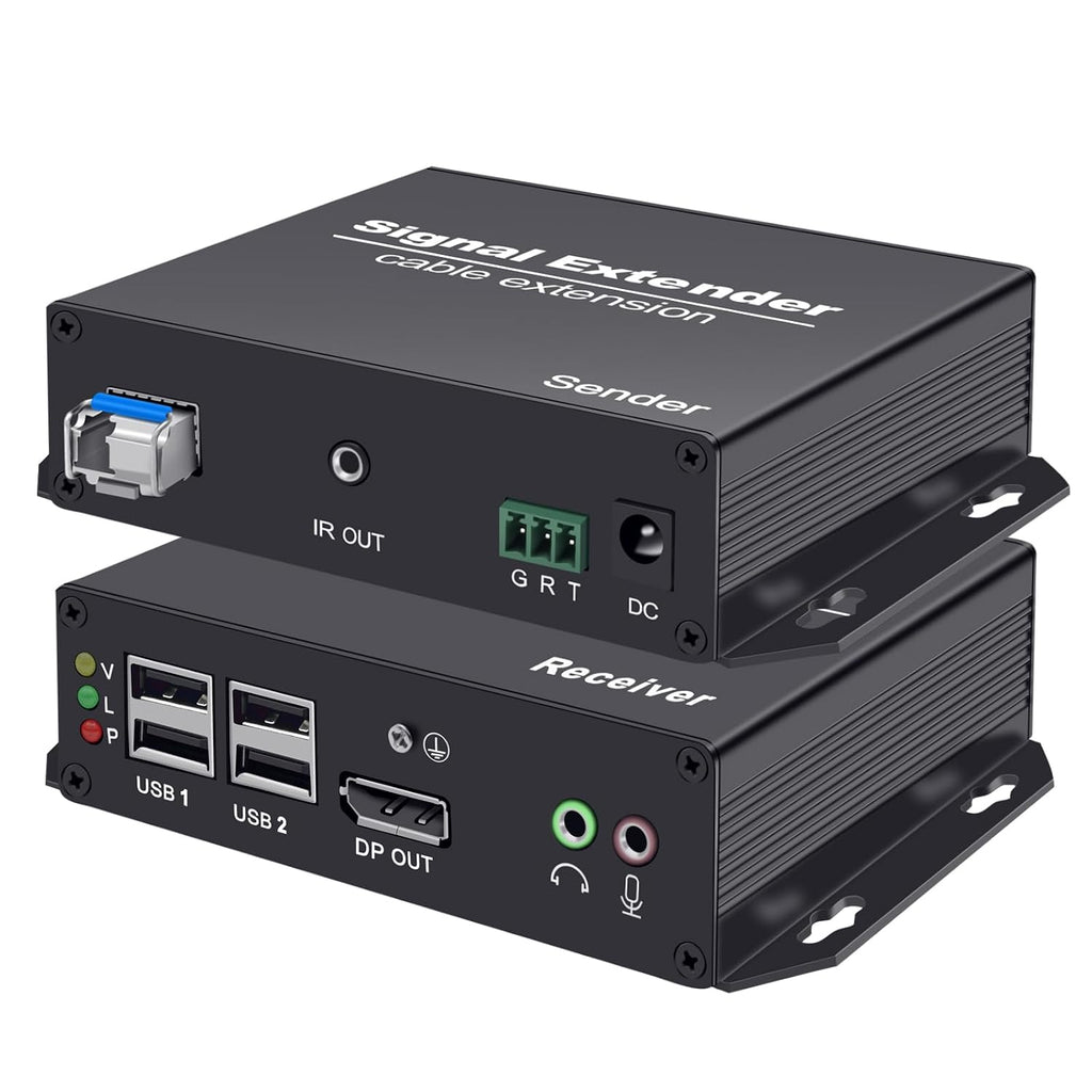 DisplayPort KVM Extender Over Optic Fiber Up to 20KM, EMI Resistant, Uncompressed, 4K@30Hz, with USB2.0, Support IR,Audio,RS232.Mic,EDID