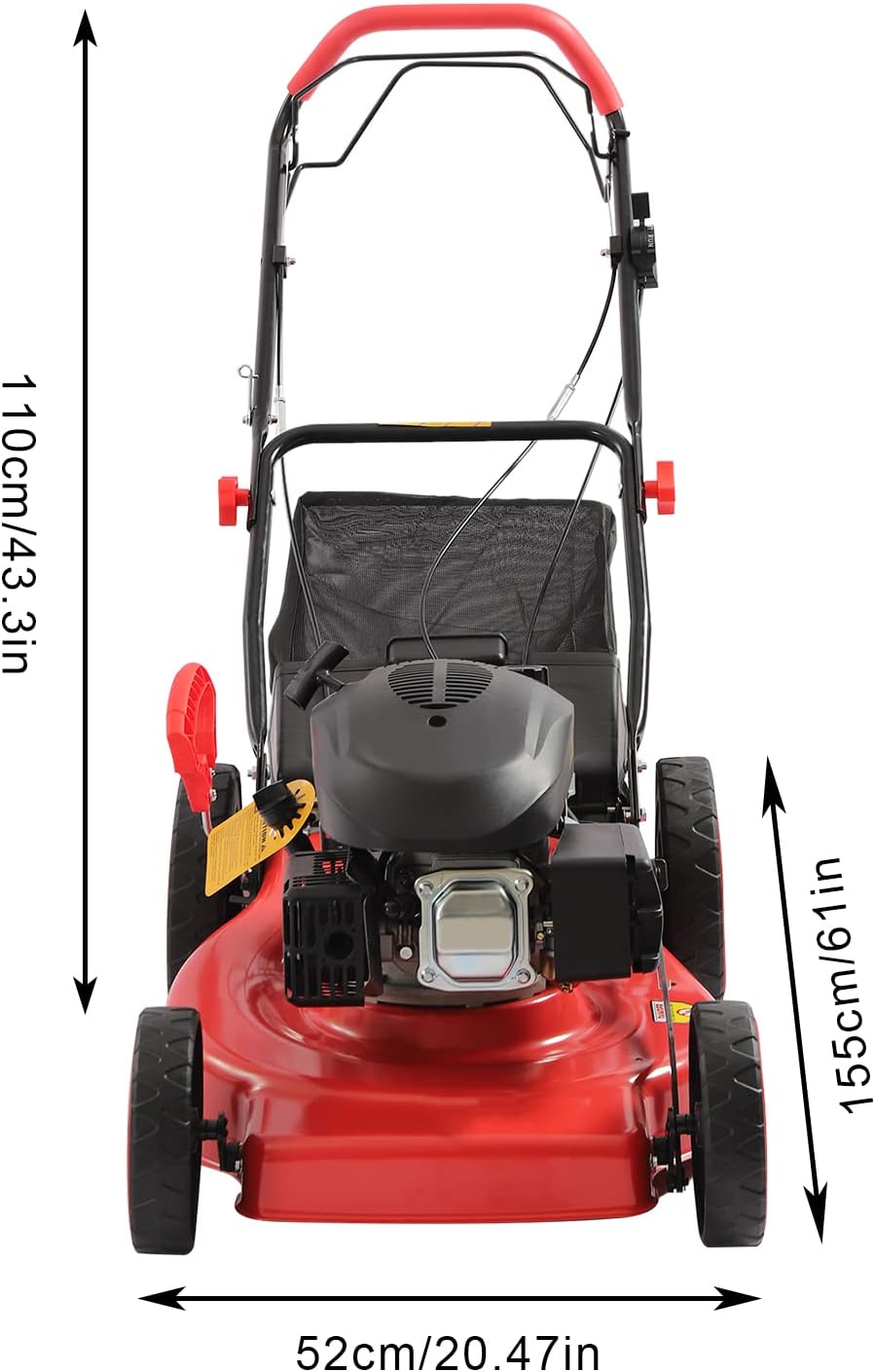 20-inch Gas Push Lawn Mower 173CC Walk Behind Push Lawn Mower 4-Stroke Gas Powered Lawn Mower with 8-Position Height Adjustment and 60L Collection Bag for Almost All Lawn Mowing 2800rpm