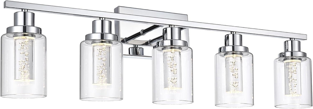 MELUCEE 5 Color Dimmable Bathroom Vanity Light Fixtures 5-Light Bath Wall Lights Modern LED Vanity Lights for Bathroom Chrome with Crystal Bubble Clear Glass Shade, Built-in LED Chips