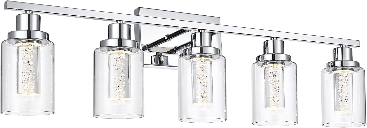 MELUCEE 5 Color Dimmable Bathroom Vanity Light Fixtures 5-Light Bath Wall Lights Modern LED Vanity Lights for Bathroom Chrome with Crystal Bubble Clear Glass Shade, Built-in LED Chips