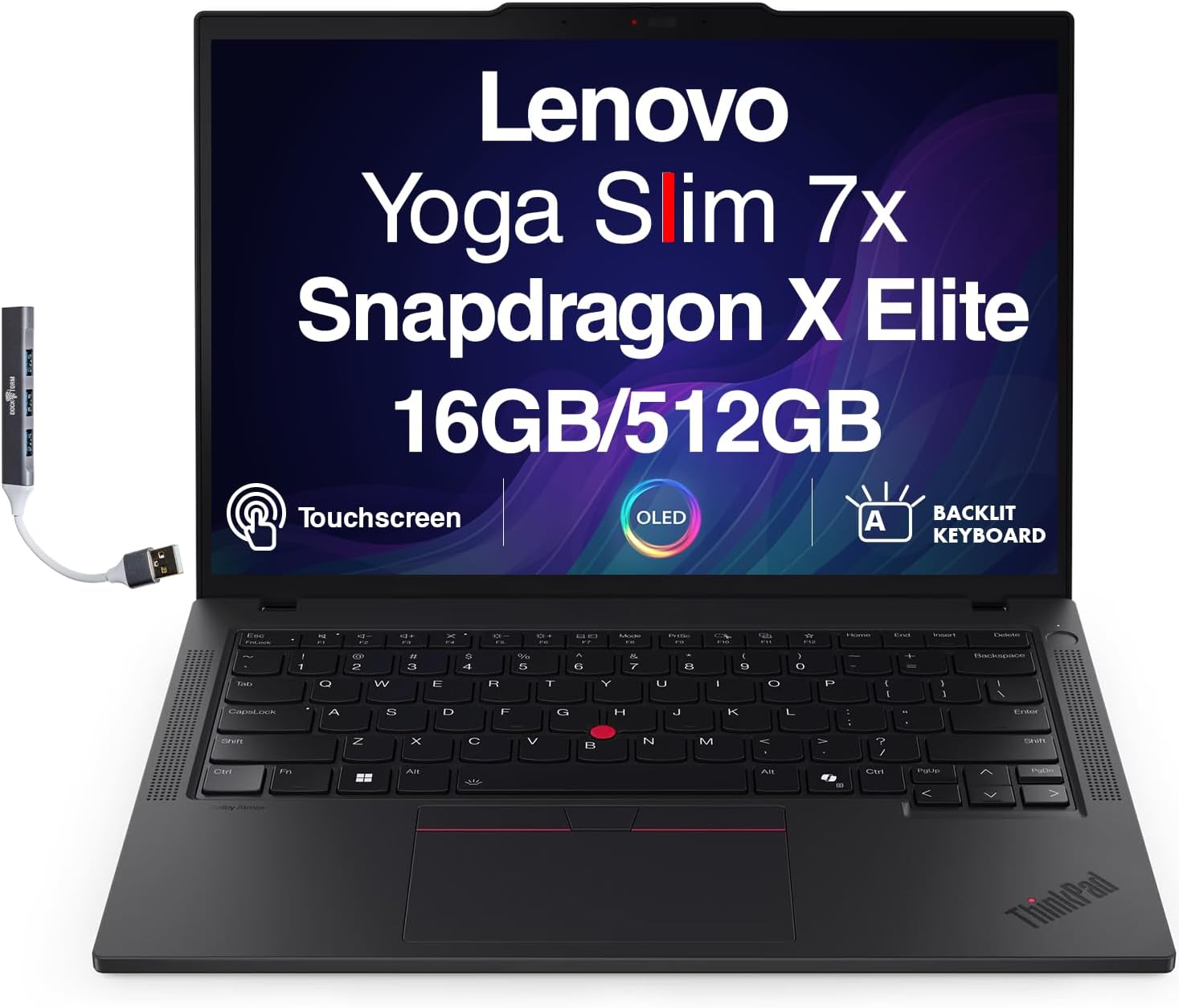 Lenovo Yoga Slim 7X Copilot PC Laptop 14.5' Touchscreen OLED 3K 1000 nits Display (Snapdragon X Elite X1E-78-100, 16GB LPDDR5X, 512GB SSD, Backlit KB, WiFi 7, Win 11 Pro) w/DKZ USB Port Expander