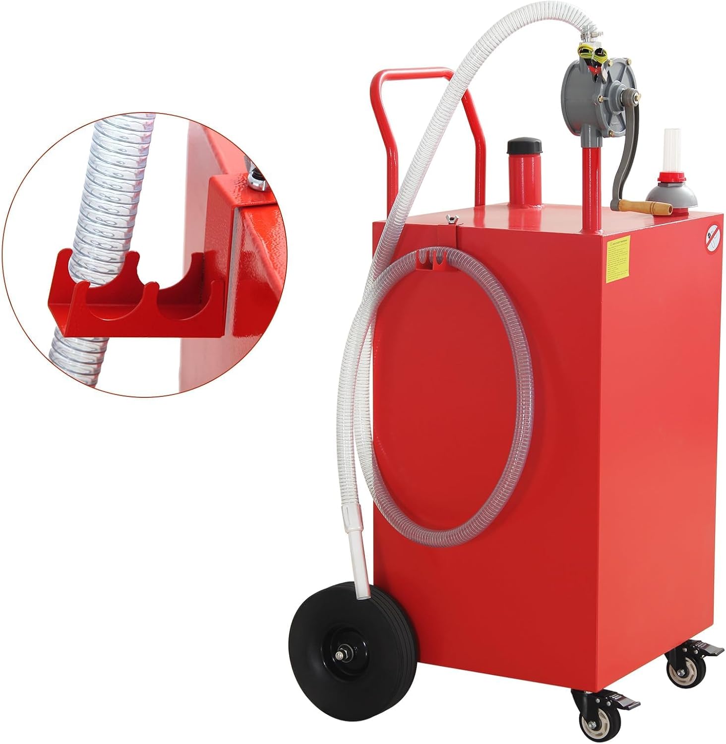 45 Gallon Portable Gallon Fuel Caddy With Manual Transfer Pump, Gasoline/Diesel Storage Tank On Flat-Free Wheels, Heavy Duty Gas Can With Hose for Car, Truck, ATV, Boat, Lawn Mower Red