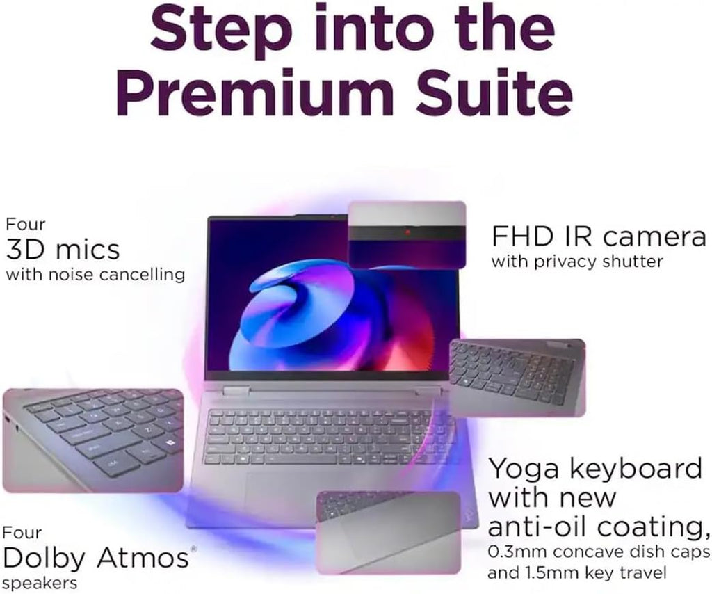 Lenovo Yoga 7i 2 in 1 Laptop, 16' 2K Touchscreen Display, Intel Core Ultra 5 226V, 16GB LPDDR5X RAM 512GB SSD, Intel Arc 130V(Up to 40 Tops), Thunderbolt 4, FP, WiFi 7, 26.5H Battery Life, Win 11