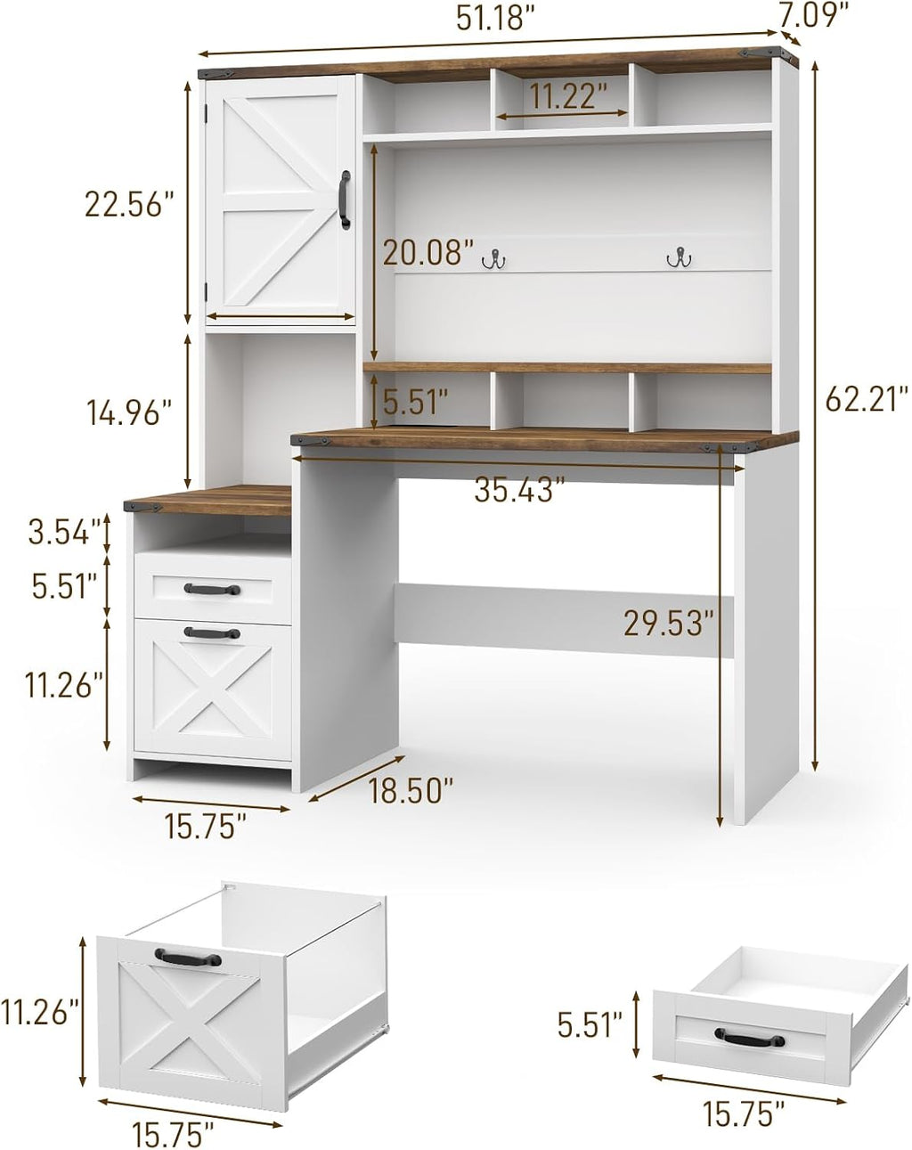 Vabches 51' Executive Desk Farmhouse Home Office Desk with Charging Station, LED Light, File Drawer, Storage Cabinet, Monitor Stand, Wood Computer Desk with Hutch for Work Study Writing (White)