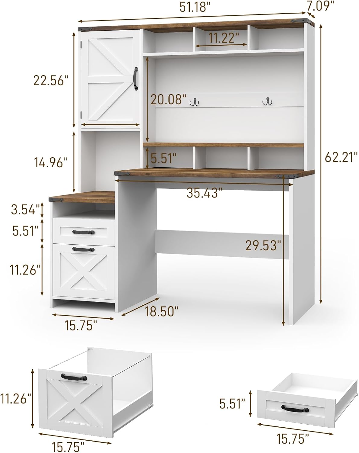Vabches 51' Executive Desk Farmhouse Home Office Desk with Charging Station, LED Light, File Drawer, Storage Cabinet, Monitor Stand, Wood Computer Desk with Hutch for Work Study Writing (White)