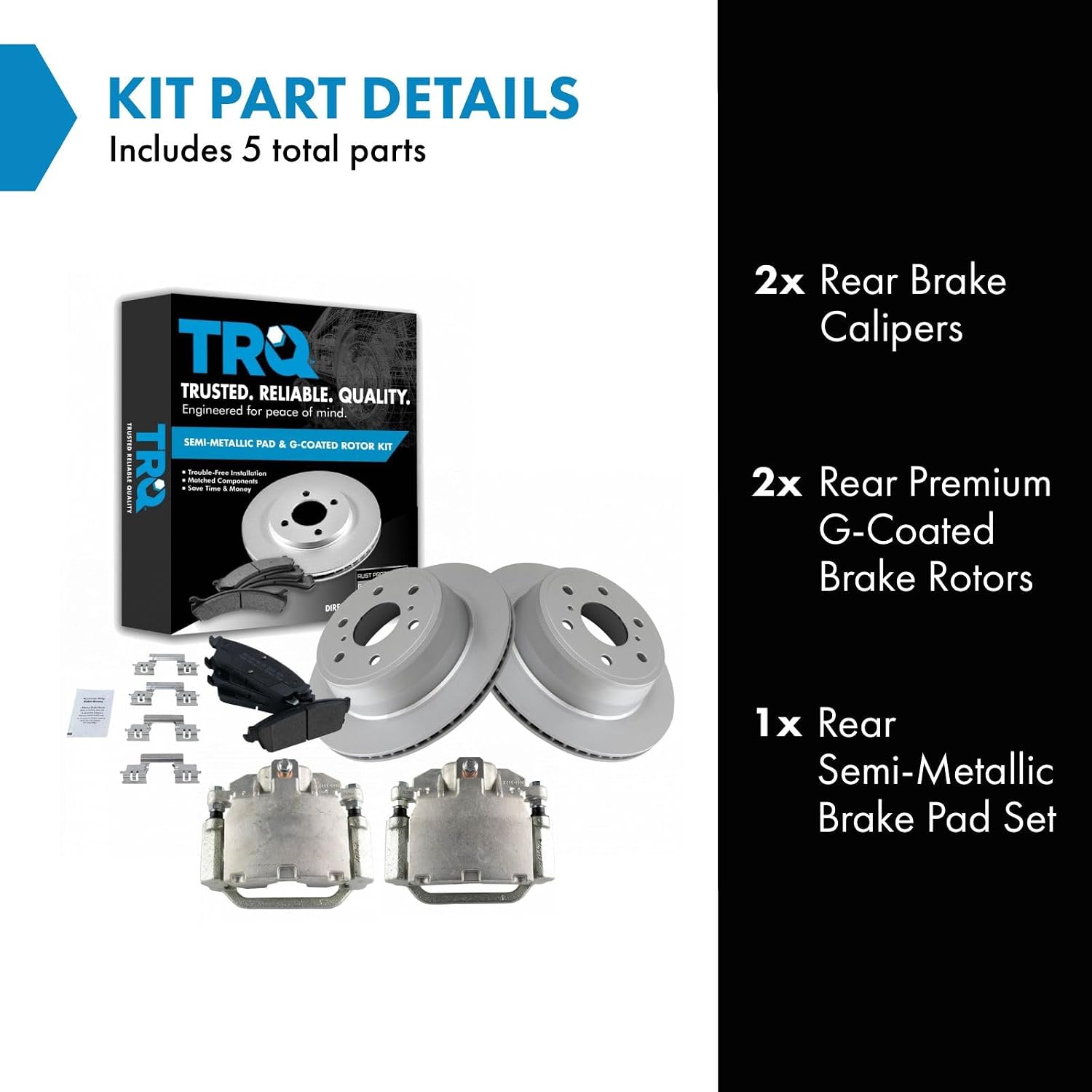 TRQ Rear Brake Pad & Rotor Set Semi Metallic G Coated Rotors Calipers Compatible with 2007-2014 Chevy Silverado Suburban 1500 Tahoe Avalanche GMC Sierra Yukon XL 1500 Cadillac Escalade ESV EXT