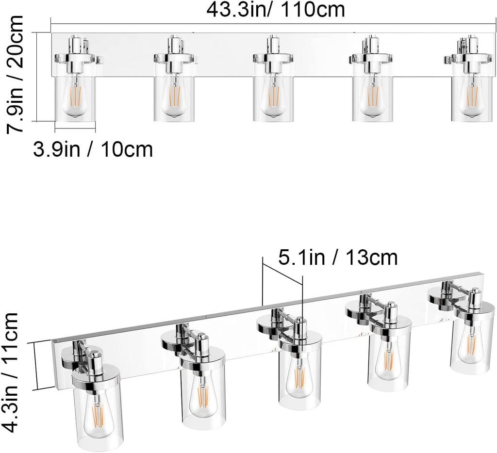 Aipsun Chrome Bathroom Light Fixtures 5 Light Bathroom Vanity Light Stainless Steel with Clear Glass Shade(Exclude Bulb)