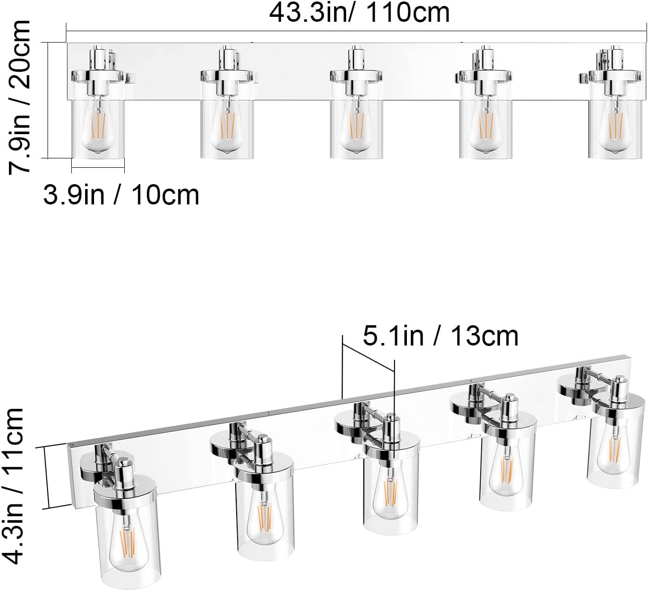 Aipsun Chrome Bathroom Light Fixtures 5 Light Bathroom Vanity Light Stainless Steel with Clear Glass Shade(Exclude Bulb)