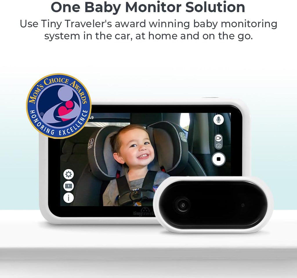 Tiny Traveler 5' HD Touch Screen Baby Car Monitor – Hackproof, No WiFi Baby Camera for Travel Home – Rear-Facing Car Seat Monitor with Night Vision Headrest or Clamp Mount Baby Reminder Alert White