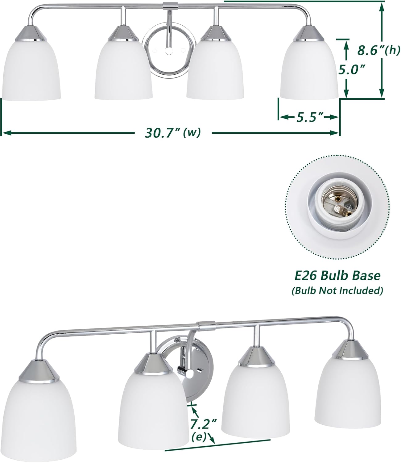 Chrome 4-Light Traditional Bathroom Vanity Light Fixtures Over Mirror, Modern Vanity Lights for Living Room, Standard E26 Base, Chrome