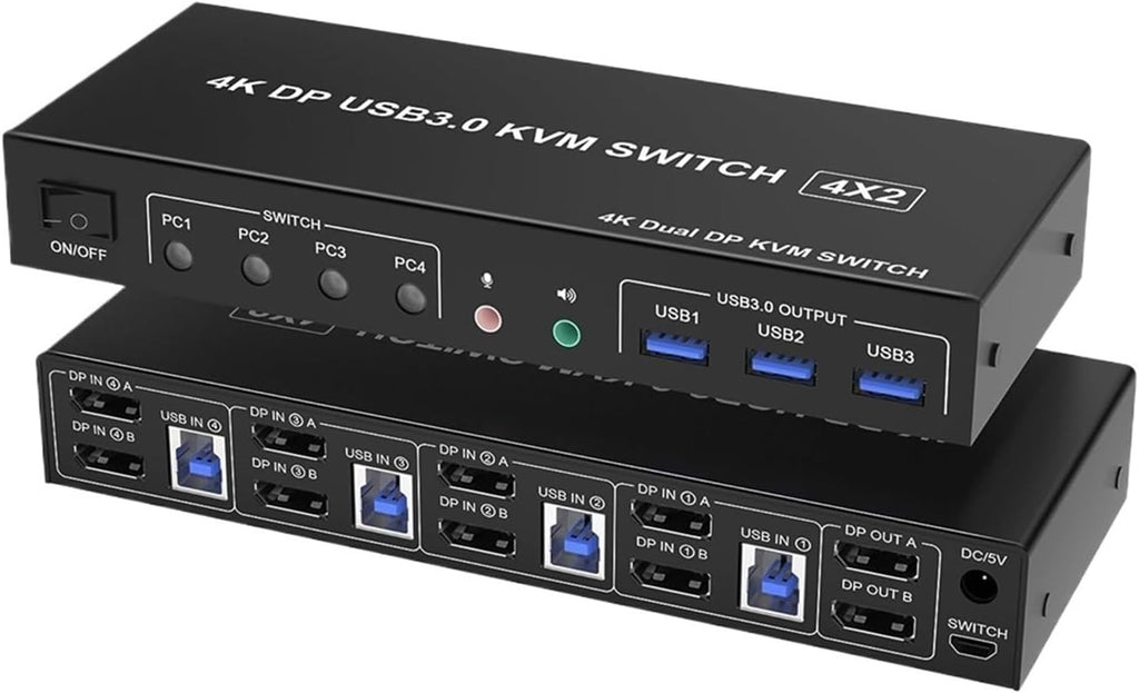 4 Port HDMI KVM USB 3.0 Switch 4X2 Dual Monitor 4K@60Hz Extended Display DP KVM Switch 4 in 2 Out for 4 PC Share Keyboard Mouse(ZY-AHD42U,EU Power Plug)