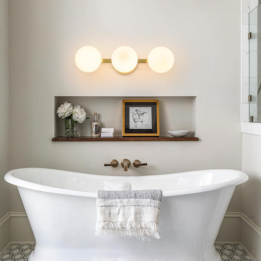 Bathroom Vanity Mirror Light Fixtures: 3 Lights Bath Wall Sconce Lighting - Brass Gold Vanity Lights with Milk Glass Shade - Modern Minimalist Makeup Light Fixture Above Mirror for Hallway E26 Base