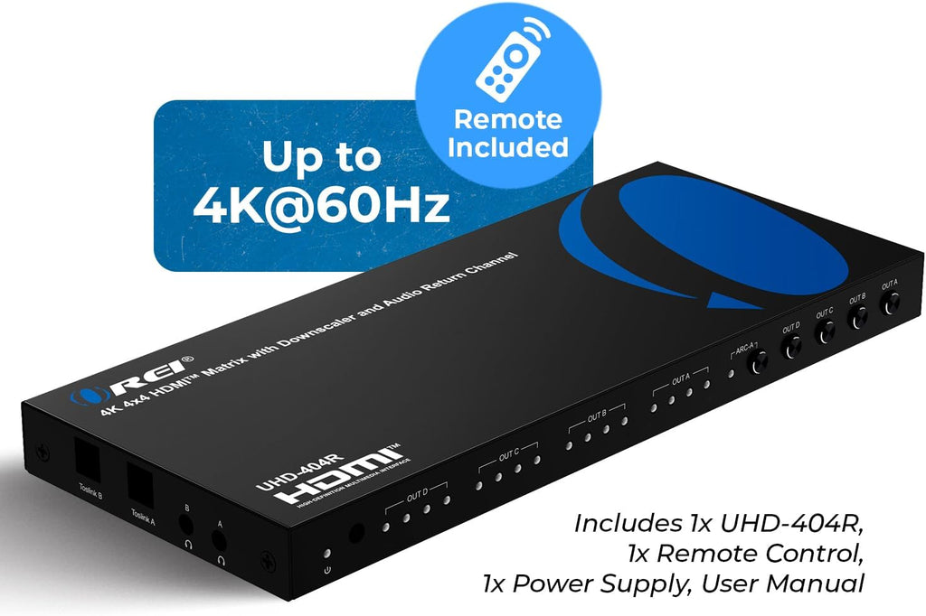 OREI 4K@60Hz 4×4 HDMI Matrix Switch with Downscaler & ARC, 18Gbps, HDCP 2.2, HDR, Audio Extraction (Optical & Analog), 4K-to-1080p Scaling, IR Remote (UHD-404R)